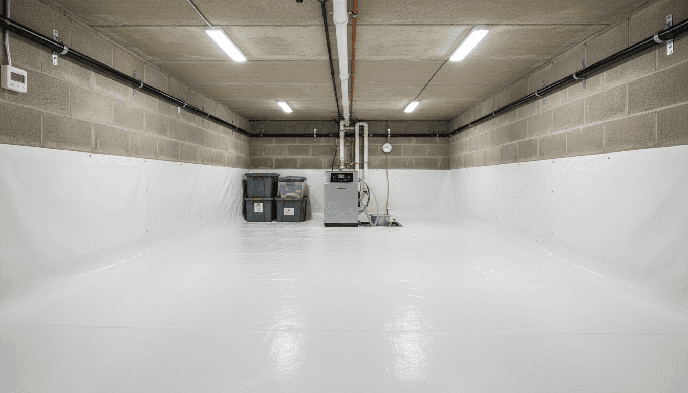 Clean, professionally encapsulated crawl space with white vapor barrier and proper lighting